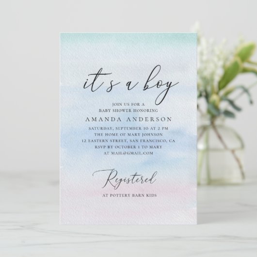 Es ist ein Junge. Wasserfarbenblaue Babydusche Einladung (Stehend Vorderseite)