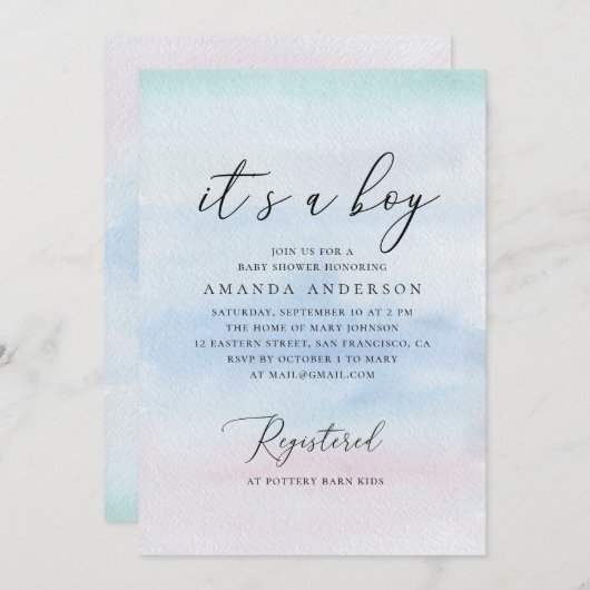 Es ist ein Junge. Wasserfarbenblaue Babydusche Einladung (Vorne/Hinten)