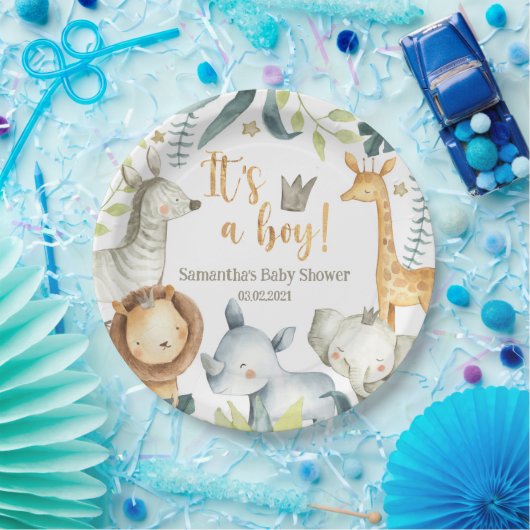 Es ist ein Junge Wild Giraffe Zebra Elephant Baby Pappteller (Party)