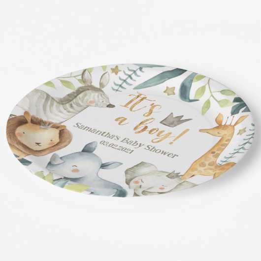 Es ist ein Junge Wild Giraffe Zebra Elephant Baby Pappteller (Schrägansicht)