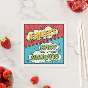 Es ist ein Jungen Comic Buch Superheld Baby Shower Serviette