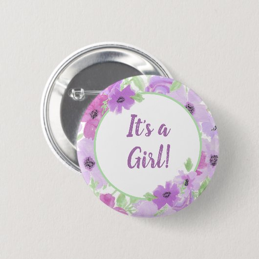 Es ist ein Mädchen! Aquarellblütendusche Button (Vorne & Hinten)