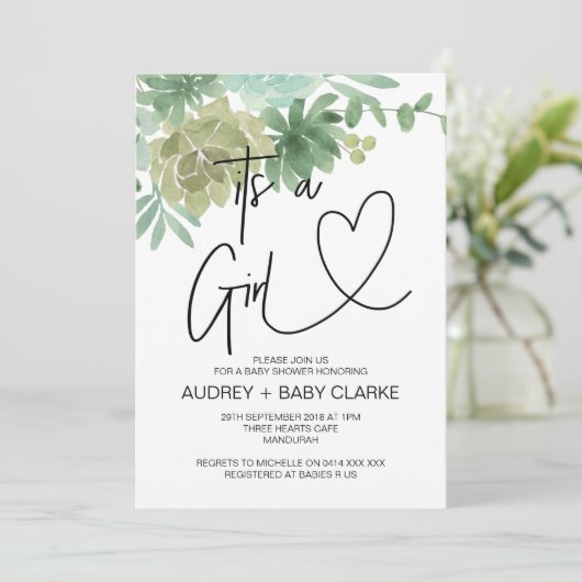 Es ist ein Mädchen-Baby-Dusche Party Grüne Sukkule Einladung (Stehend Vorderseite)
