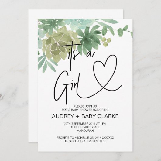 Es ist ein Mädchen-Baby-Dusche Party Grüne Sukkule Einladung (Vorne/Hinten)