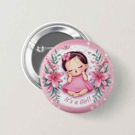 Es ist ein Mädchen Baby Shower Rosa Abzeichen mit Button (Vorne & Hinten)