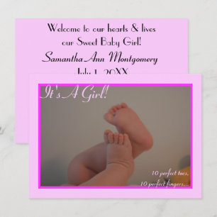 Es ist ein Mädchen Baby Zehen Foto Rosa Ankündigun Einladung