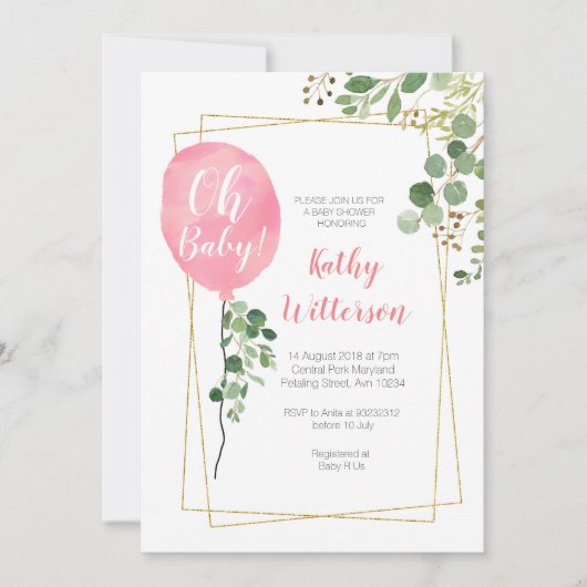 Es ist ein Mädchen Ballon Greenery oh Babydusche Einladung (Vorderseite)