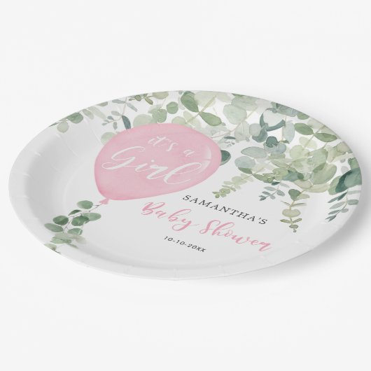 Es ist ein Mädchen Ballon Mädchen Dusche Grün. Pappteller (Schrägansicht)