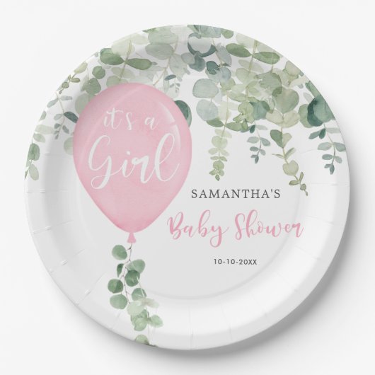 Es ist ein Mädchen Ballon Mädchen Dusche Grün. Pappteller (Vorderseite)