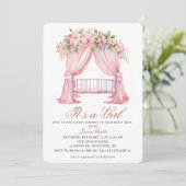 Es ist ein Mädchen Crib rosa Frühlingsblumen Baby Einladung (Stehend Vorderseite)