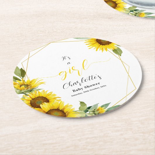 Es ist ein Mädchen! Dusche für Sonnenblumen Runder Pappuntersetzer (Angewinkelt)