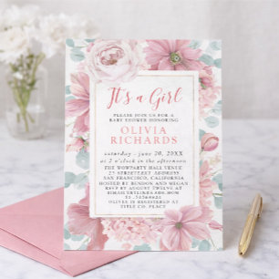 Es ist ein Mädchen Dusty Rose Floral Süße Babypart Einladung
