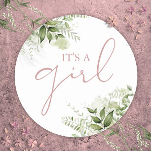 Es ist ein Mädchen Dusty Rose Greenery Geschenk zu Runder Aufkleber