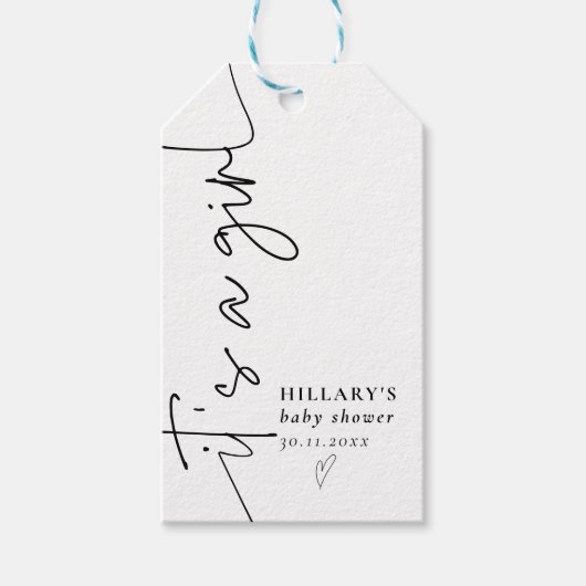 Es ist ein Mädchen Elegant Calligraphy Baby Shower Geschenkanhänger (Vorderseite)