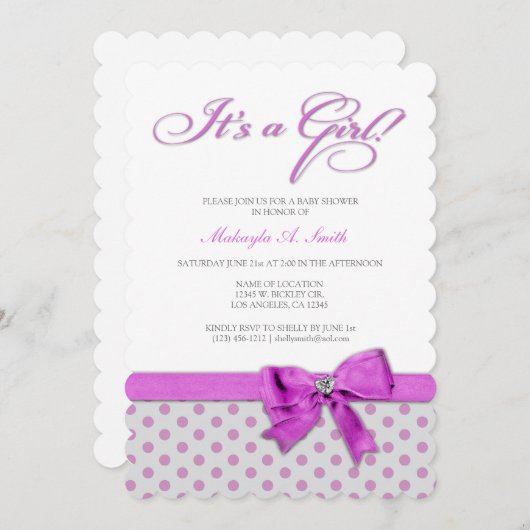 Es ist ein Mädchen! Elegante rosa und graue Tupfen Einladung (Vorne/Hinten)