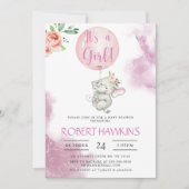 Es ist ein Mädchen, Elephant Balloon Baby Shower I Einladung (Vorderseite)