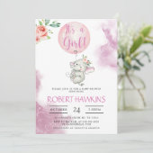 Es ist ein Mädchen, Elephant Balloon Baby Shower I Einladung (Stehend Vorderseite)