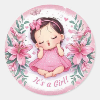 Es ist ein Mädchen – Florales Baby Shower Aufklebe Runder Aufkleber