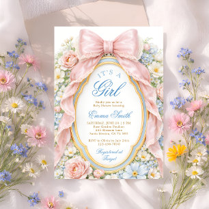 Es ist ein Mädchen Florales Rosa Schleifchen Koket Einladung