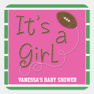 ES IST EIN MÄDCHEN Football Baby Shower Party Aufk Quadratischer Aufkleber