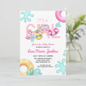 Es ist ein Mädchen Fun Summer Tropical Pool Baby D Einladung (Stehend Vorderseite)