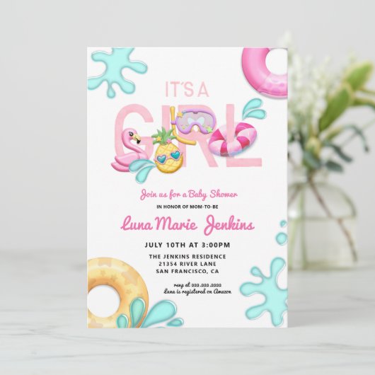 Es ist ein Mädchen Fun Summer Tropical Pool Baby D Einladung (Stehend Vorderseite)