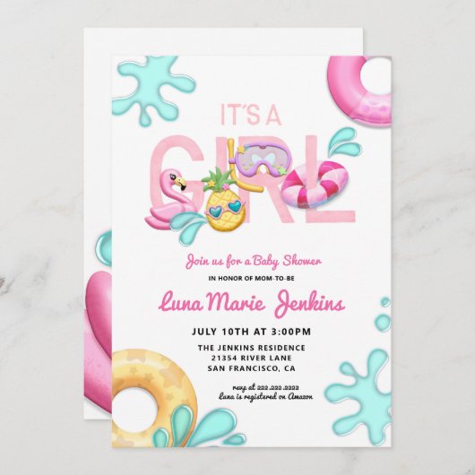 Es ist ein Mädchen Fun Summer Tropical Pool Baby D Einladung (Vorne/Hinten)