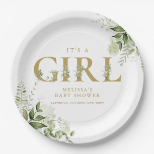 Es ist ein Mädchen Greenery Gold Buchstabe Baby Sh Pappteller