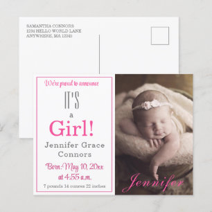Es ist ein Mädchen! Heiße Pink Baby Geburtserkläru Ankündigungspostkarte