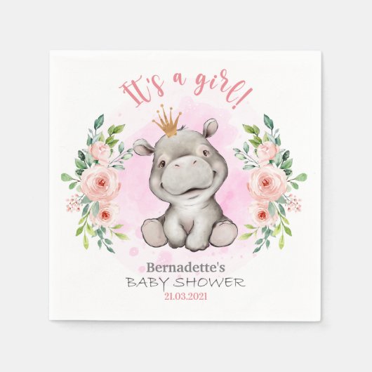 Es ist ein Mädchen Hippo Baby Shower Napkins Serviette (Vorderseite)