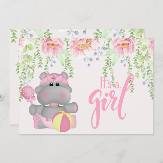 Es ist ein Mädchen Hippo Floral Baby Shower Einlad Einladung (Vorne/Hinten)