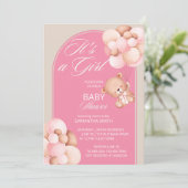 Es ist ein Mädchen in rosa-beige Ballons Teddybäre Einladung (Stehend Vorderseite)