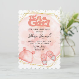 Es ist ein Mädchen in rosa Korallen- und Gold-Baby Einladung