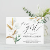 Es ist ein Mädchen moderne grüne gold rosa Babydus Einladung (Stehend Vorderseite)
