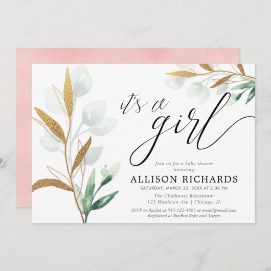 Es ist ein Mädchen moderne grüne gold rosa Babydus Einladung (Vorne/Hinten)