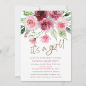 Es ist ein Mädchen moderne rosa Burgundy Floral Ba Einladung (Vorderseite)
