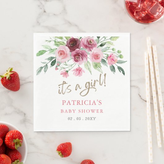 Es ist ein Mädchen moderne rosa Burgundy Floral Ba Serviette (Beispiel)