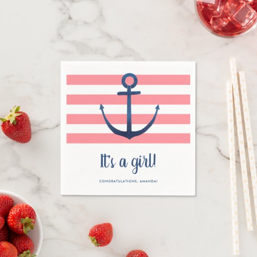 Es ist ein Mädchen Nautical Pink Navy Baby Shower  Serviette (Beispiel)