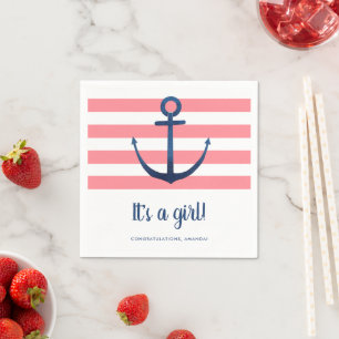 Es ist ein Mädchen Nautical Rosa Navy Baby Shower Serviette