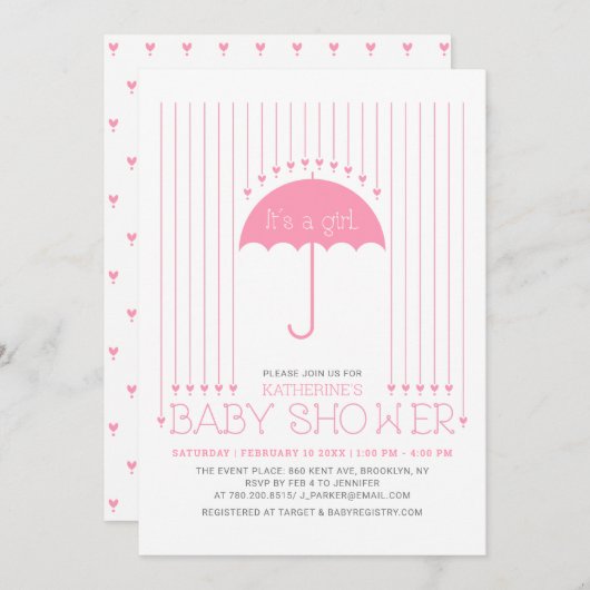 Es ist ein Mädchen | Niedlich Hearts & Umbrella Ba Einladung (Vorne/Hinten)