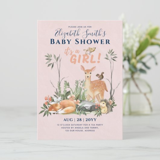 Es ist ein MÄDCHEN! Niedlich Woodland Baby Animals Einladung (Stehend Vorderseite)
