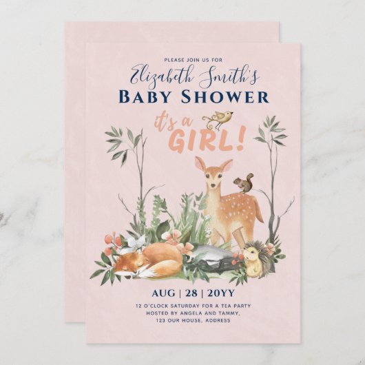 Es ist ein MÄDCHEN! Niedlich Woodland Baby Animals Einladung (Vorne/Hinten)