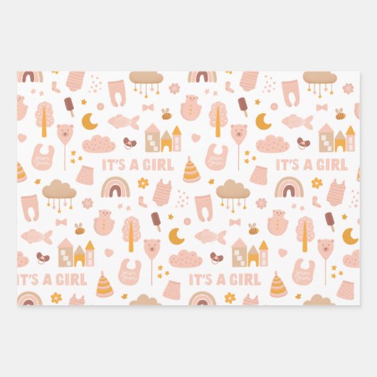 Es ist ein Mädchen. Niedliches rosa Spielzeugmuste Geschenkpapier Set (Vorderseite 2)