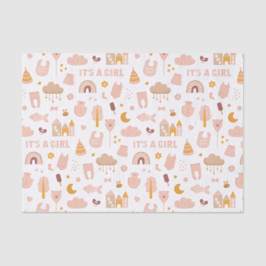 Es ist ein Mädchen. Niedliches rosa Spielzeugmuste Seidenpapier (Vorderseite)