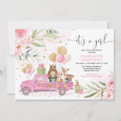 Es ist ein Mädchen! Pink Gold Floral Woodland Baby Einladung (Vorderseite)