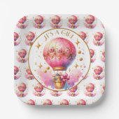 Es ist ein Mädchen | Pink Hot Air Ballon Babydusch Pappteller (Vorderseite)