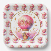 Es ist ein Mädchen | Pink Hot Air Ballon Babydusch Pappteller (Vorderseite)