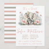 Es ist ein Mädchen! Pink und Grau Elephant Baby Du Einladung (Vorne/Hinten)
