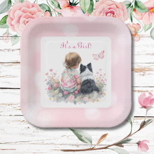 Es ist ein Mädchen   Rosa Baby- und Hundebabyparty Pappteller