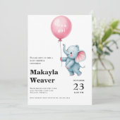 Es ist ein Mädchen rosa Ballon niedliche Elefanten Einladung (Stehend Vorderseite)